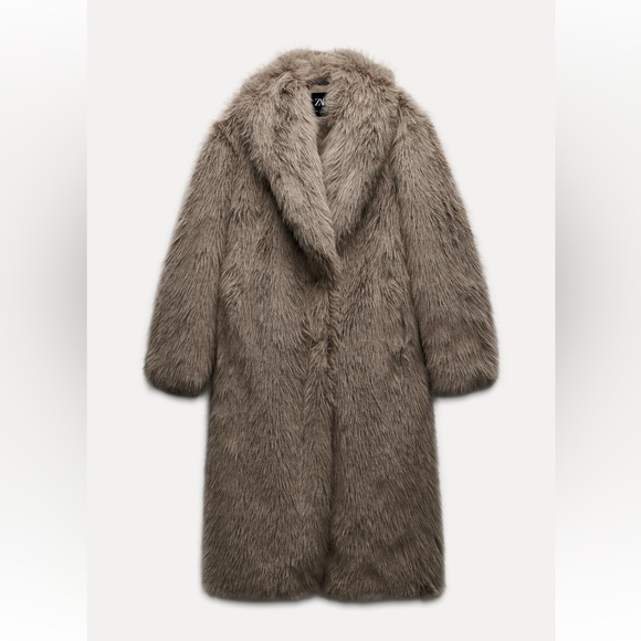 ZARA TAUPE GRAY LONG FAUX FUR COAT - Picture 15 of 16